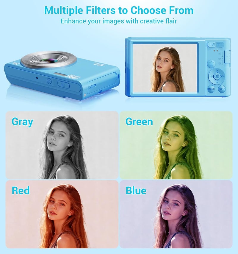 ceye Digital Camera, FHD 4K Compact Cameras with 64GB SD Card 2 Batteries, Portable Travel Digital Camera with 16X Autofocus Digital Zoom Small Camera for Teens Kids Boys Girls - Image 5